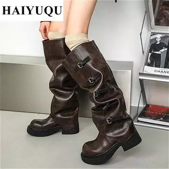 Женские ботинки на платформе и высоком каблуке, кожаные массивные туфли, брендовые дизайнерские длинные ботинки «Челси», зимние плиссированные туфли-лодочки Botas Mujer 35