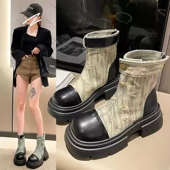 Женские ботинки на платформе, повседневные, с круглым носком, с застежкой-молнией сзади, женские ботильоны из денима, осенние модные тенденции, женские ботинки челси для активного отдыха 38