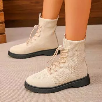 Женские ботинки на плоской подошве, весна и осень, женские ботильоны на толстой подошве 2024, новые повседневные ботинки со шнуровкой из сетчатой ткани с дышащей отделкой 36 бежевый