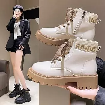 Женские ботинки на шнуровке 2024 года, модные белые ботильоны, мотоциклетные ботинки, женские короткие ботинки на толстом каблуке и платформе, Botas De Mujer 35 чёрный
