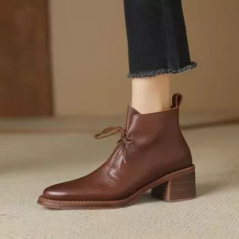 Женские ботинки на шнуровке 2024 года, натуральная кожаная обувь для женщин, с острым носком, на массивном высоком каблуке, в стиле вестерн, черные ковбойские сапоги 34 чёрный