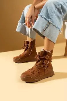 Женские ботинки на шнуровке с высокой подошвой и мехом 011-731-23Нубук