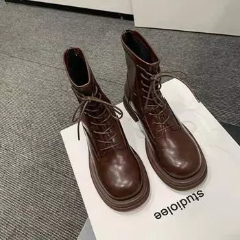 Женские ботинки на шнуровке в британском стиле с круглым носком, толстой подошвой и толстым каблуком, короткие ботинки 35 коричневый