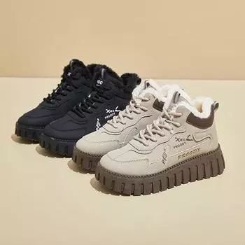 Женские ботинки на толстой платформе, зимние нескользящие ботинки для снега, прогулочные ботинки со шнуровкой и подкладкой из искусственного меха, женские теплые высокие кроссовки с флисовой подкладкой 35 хаки