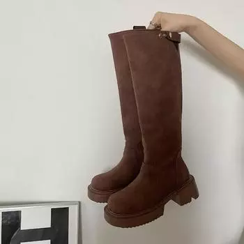 Женские ботинки на толстой подошве 2024 года, новые четырехсезонные британские винтажные ботинки в стиле вестерн с длинным рукавом, одинарные ботинки 35 коричневый