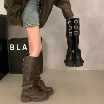 Женские ботинки на толстой подошве, новые, с круглым носком, толстым каблуком, ремнем, пряжкой на рукаве, с отбортовкой, на среднем каблуке, женские высокие ботинки 35