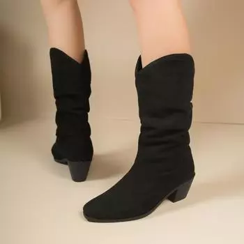 Женские ботинки на толстой подошве среднего каблука 2024 года, горячая распродажа, зимние повседневные удобные ботинки с острым носком Botines De Mujer 36 чёрный