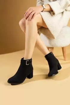 Женские ботинки на толстом каблуке с пряжкой и молнией 018-301-23Замша