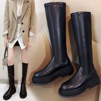Женские ботинки на толстом каблуке в британском стиле из искусственной кожи, модные ботильоны на платформе, женские высокие сапоги без застежек 40 чёрный