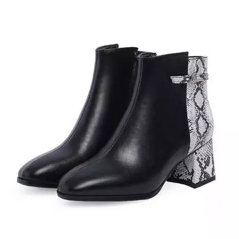 Женские ботинки на толстом высоком каблуке со змеиным принтом, обувь из искусственной кожи с квадратным носком, женские ботинки до щиколотки, женская зимняя обувь 34 белый