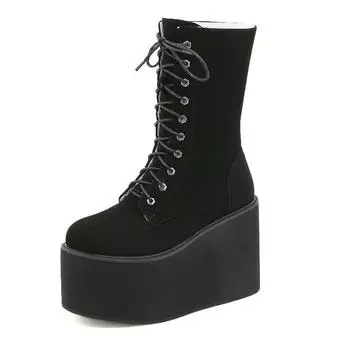 Женские ботинки на высокой трубке с круглой головкой на толстой подошве и шнуровке спереди на каблуке 11 см, однотонные осенние женские ботинки на наклонном каблуке Lhx 35 чёрный