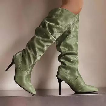 Женские ботинки на высоком каблуке, осенне-зимние новые однотонные повседневные ботинки в европейском и американском стиле с острым носком на тонком каблуке 34 зелёный