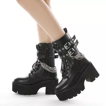 Женские ботинки на высоком каблуке, серебристая цепочка с декором и пряжкой, женские ботинки на платформе, черные модные ботильоны для женщин, зимняя обувь 39 чёрный