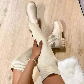Женские ботинки, новинка 2023 года, вязаная женская обувь, женские теплые пикантные гольфы с длинными рукавами на молнии, модные зимние сапоги 36 белый