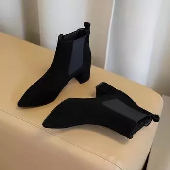 Женские ботинки, новинка 2024 года, женские осенне-зимние ботинки с острым носком на одну ногу, черные классические женские ботинки на среднем каблуке на толстом каблуке 35 чёрный