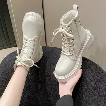 Женские ботинки, новые британские плюшевые модные мотоциклетные ботинки с толстой подошвой, удобные на шнуровке, на молнии, для снега 35