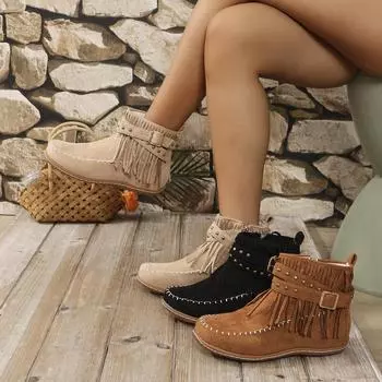 Женские ботинки, новые винтажные замшевые ботильоны с бахромой, женская обувь, зимние повседневные ботинки с застежкой-молнией сбоку, с круглым носком, женские ботинки для снега Botas De Mujer 36