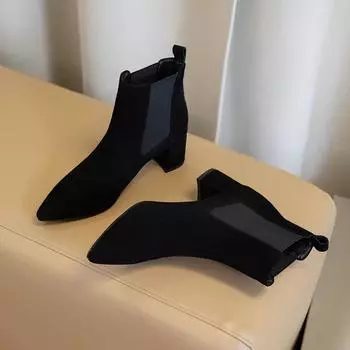 Женские ботинки новые женские осенне-зимние с острым носком на одну ногу черные классические женские ботинки на толстом каблуке среднего каблука 35