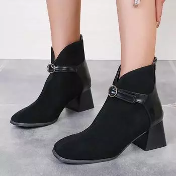 Женские ботинки однотонные универсальные весна-осень толстый каблук круглый носок темпераментные короткие ботинки с молнией сзади для женщин 35
