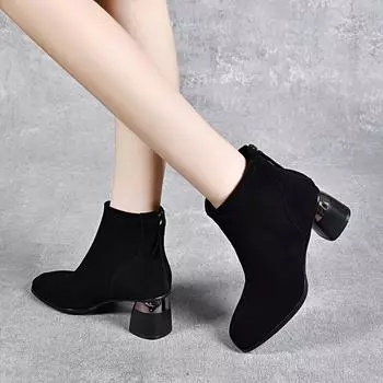 Женские ботинки осень и зима новые черные овчина простой темперамент модные ботинки задняя молния высокий каблук ботинки хлопковые ботинки 34