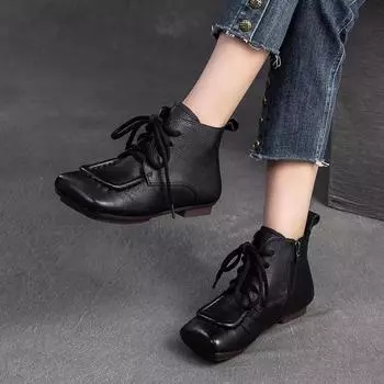 Женские ботинки осень-зима мода ретро шнуровка неглубокие ботильоны на плоской подошве женские повседневные удобные уличные прогулочные туфли женские 35 чёрный