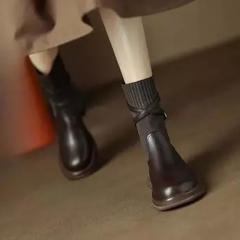 Женские ботинки осень/зима новые британские ретро модные ботинки эластичные круглые носки ремень пряжка нескользящие короткие ботинки на толстой подошве 35 чёрный