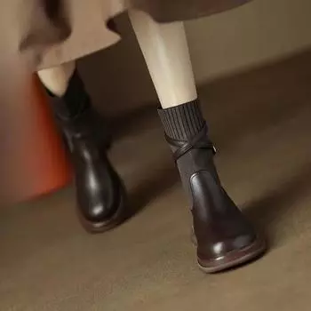 Женские ботинки осень/зима новые британские ретро модные ботинки эластичные круглые носки ремень пряжка нескользящие короткие ботинки на толстой подошве 35 чёрный