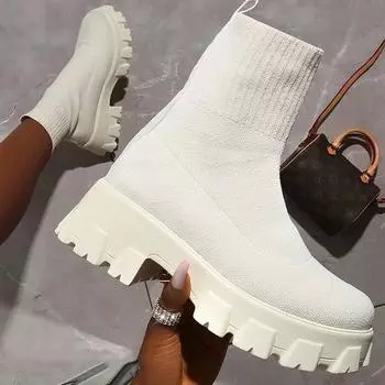 Женские ботинки, осенне-зимние ботинки, вязаные носки без шнуровки, женские ботинки на платформе и каблуке, Botas De Mujer, женские ботинки 36 красный