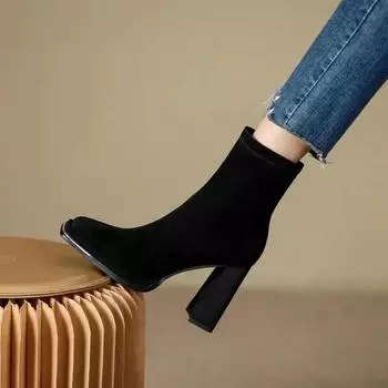 Женские ботинки, осенние ботильоны, черные замшевые женские короткие ботинки, толстый высокий каблук, квадратный носок, модная платформа 2024 34