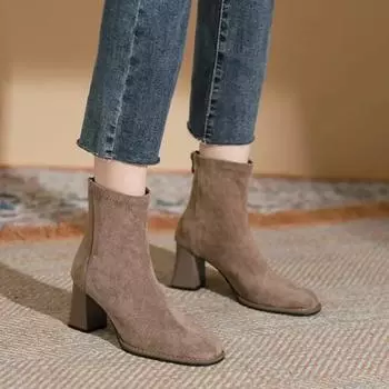 Женские ботинки, осенние ботильоны, черные замшевые женские короткие ботинки, толстый высокий каблук, квадратный носок, модная платформа 2024 35 чёрный