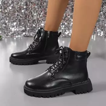 Женские ботинки Осенние и зимние высокие военные ботинки Женские зимние короткие мотоциклетные ботинки на толстой подошве со шнуровкой для женщин 35