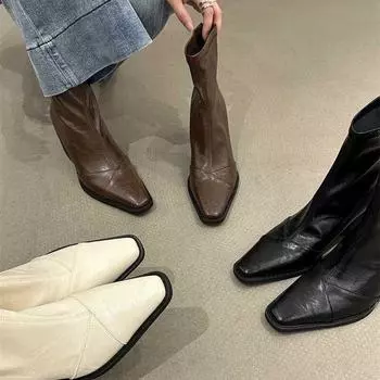 Женские ботинки с квадратным носком, на толстом среднем каблуке, кожаные туфли, зимняя женская обувь, новинка 2025 года, дизайнерские удобные туфли-лодочки Chelsea Botas De Mujer 35 бежевый