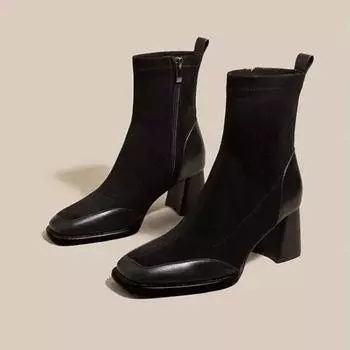 Женские ботинки с квадратным носком, однотонные туфли для женщин, трендовые короткие ботинки-трубы с квадратным каблуком, застегивающиеся на молнию, высокие каблуки 35 чёрный