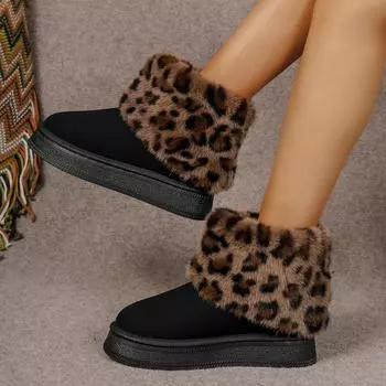 Женские ботинки с леопардовым принтом, зимние ботинки, женские короткие туфли на толстой подошве, женские зимние теплые удобные плюшевые ботильоны 36 чёрный
