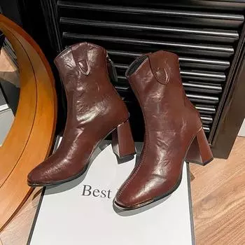 Женские ботинки с острым носком, туфли на высоком каблуке для женщин, на молнии, на платформе, современные, повседневные, короткие, однотонные, на квадратном каблуке 35