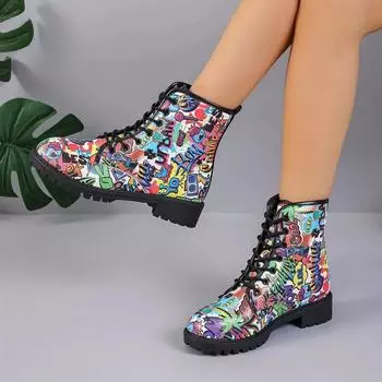Женские ботинки с принтом граффити, модные ботинки на шнуровке, повседневные универсальные ботинки 36