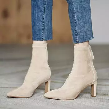 Женские ботинки Сапоги с острым носком Эластичные ботинки с молнией сзади Замшевые ботинки на высоком каблуке 39 бежевый