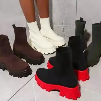 Женские ботинки Slip On Western Ankle Boots Platform Knitted Lady Autumn Socks Boots for Women Fashion Female Bootiesc48 35 белый
