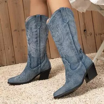 Женские ботинки средней длины 2024 года, распродажа, новые женские остроносые ботинки челси с вышитым тотемным дизайном, толстые ковбойские сапоги в стиле вестерн 35 светло-синий