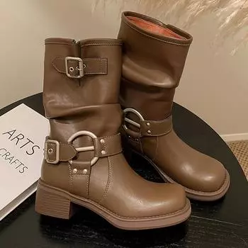 Женские ботинки средней длины. Новые весенне-осенние ботинки на толстой подошве. Модные ботильоны на шнуровке с пряжкой на ремне. Женские рыцарские сапоги. 40