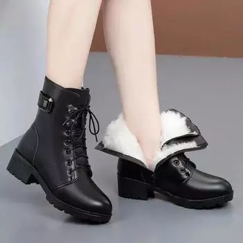 Женские ботинки телесного цвета, сохраняющие тепло зимой, короткие сапоги на круглом среднем каблуке со шнуровкой и боковой молнией, однотонные модные женские туфли из искусственной кожи с пряжкой на ремне 35