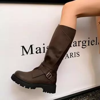 Женские ботинки Весенне-осенняя мода Однотонные Пряжка Круглый носок Средний каблук Боковая молния Женские высокие ботинки 35