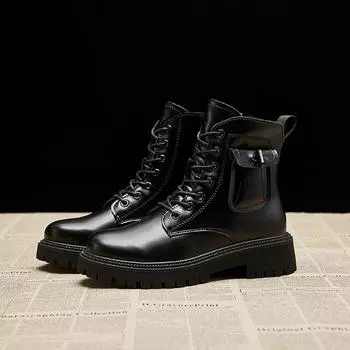 Женские ботинки в британском стиле, ботинки Martin, с боковой молнией и круглым носком, повседневные студенческие ботинки для ходьбы 35 чёрный