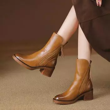 Женские ботинки в британском стиле, осенне-зимние сапоги до середины икры на блочном каблуке, женская обувь, винтажные модные кожаные короткие сапоги 35 чёрный