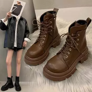 Женские ботинки в британском стиле, осенне-зимние мотоциклетные рыцарские ботинки на толстой подошве и толстом каблуке средней длины