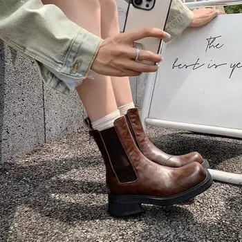 Женские ботинки в британском стиле, ретро-ботинки «Челси», осень/зима, новые, толстые, с квадратным носком, противоскользящие, ботинки «Чимни» Botas Mujer 35 чёрный