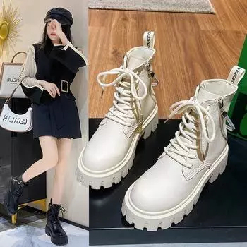 Женские ботинки в британском стиле, зимние хлопковые ботинки на молнии, осень 2024, новые ботинки из искусственной кожи, модная обувь с высоким берцем 35 чёрный