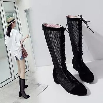 Женские ботинки в сетку на низком каблуке, весна/лето, новые однотонные ботинки в европейском и американском стиле на толстом каблуке, крутые ботинки в сетку на большом каблуке 34 чёрный