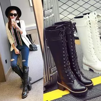 Женские ботинки, высокие сапоги на толстой подошве, внешнеторговая женская обувь, белые длинные ботинки на шнуровке 35 чёрный