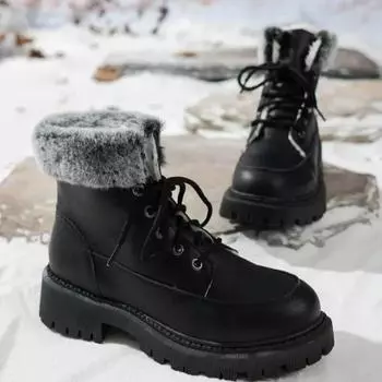 Женские ботинки, зима 2024, новые женские ботинки, повседневные теплые плюшевые зимние женские нескользящие ботильоны на платформе, женская хлопковая обувь 36 чёрный